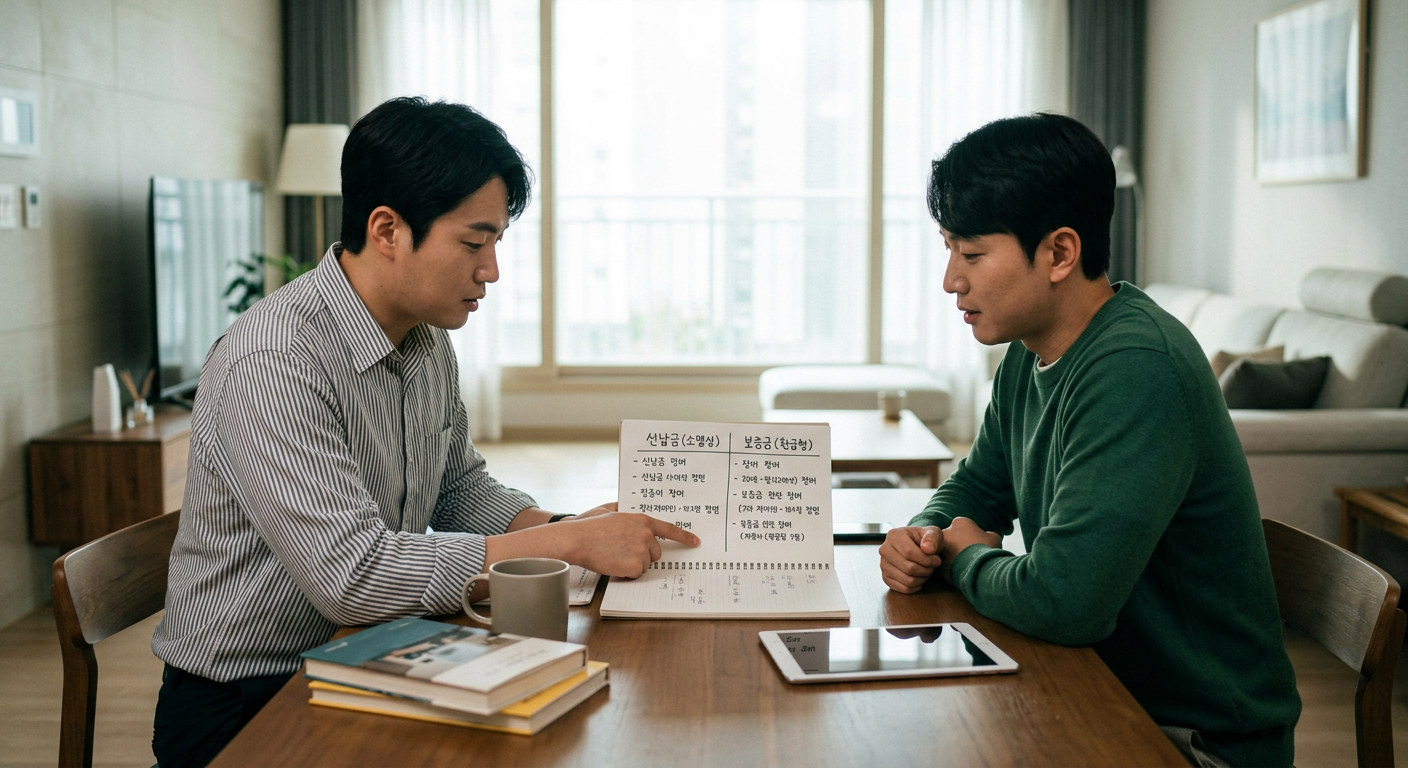 선납금(소멸성)과 보증금(환급형)의 만기 시 자금 흐름 비교 다이어그램