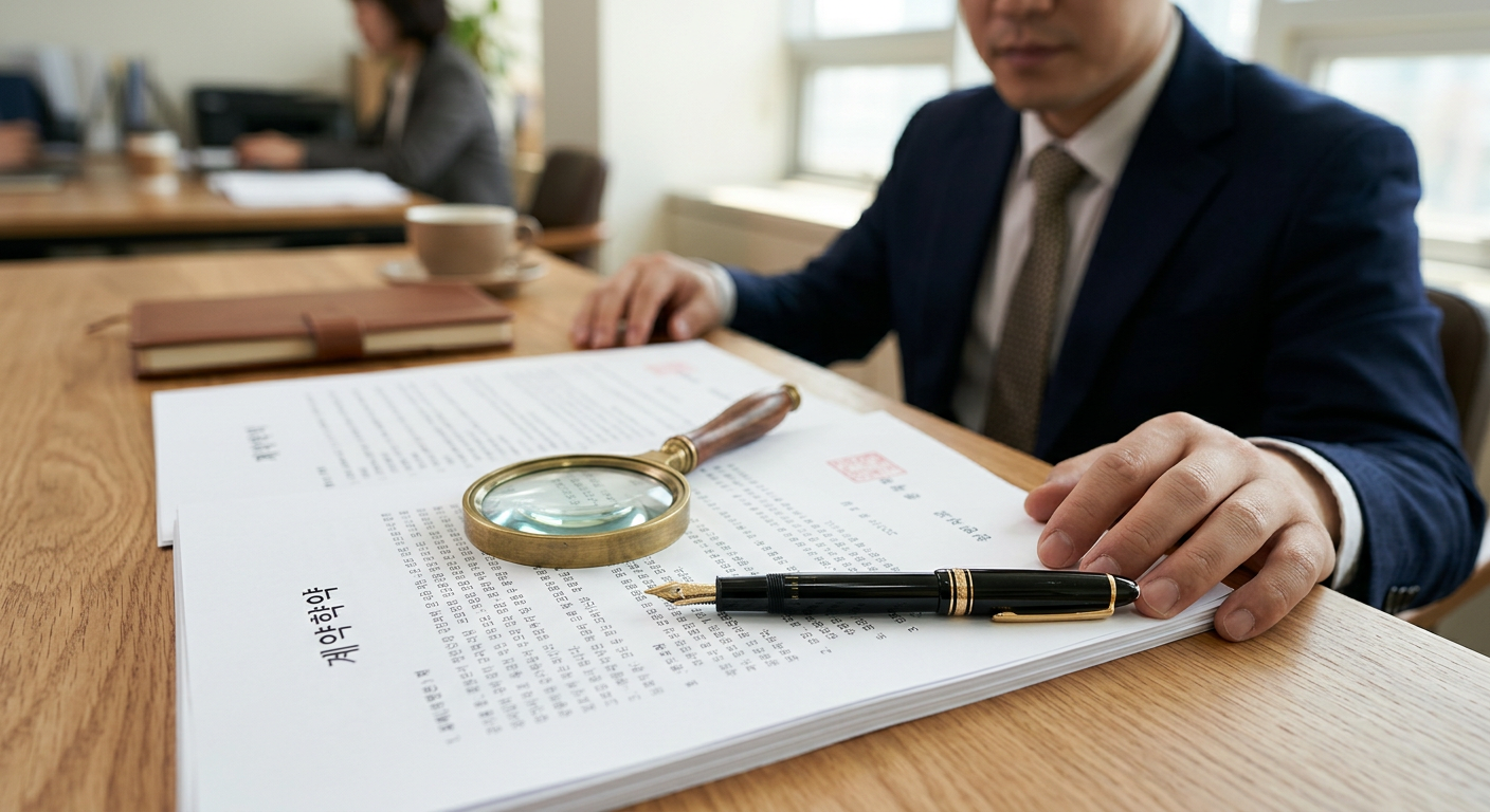 계약서 서류 위에 돋보기와 만년필이 놓여 있는 차분한 비즈니스 콘셉트 이미지