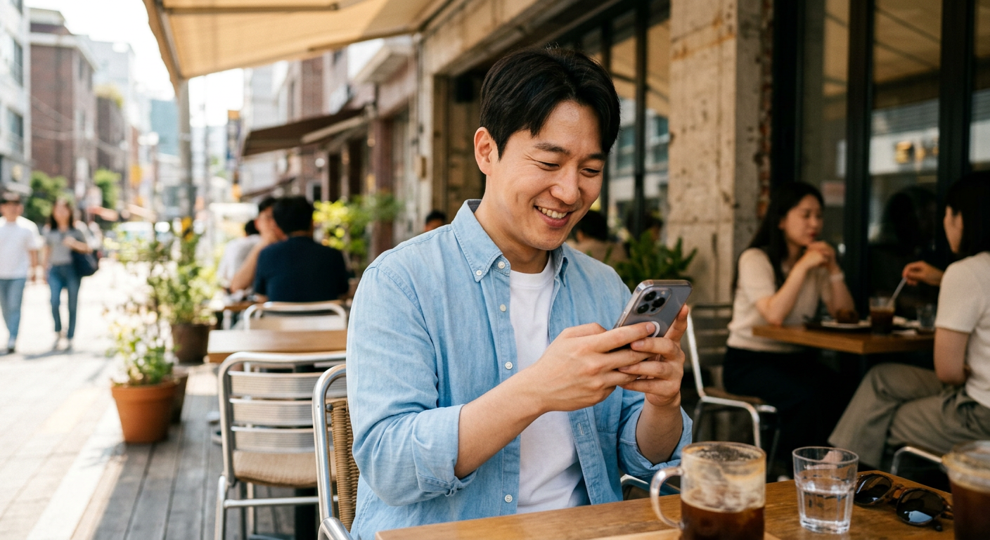 카페 테라스에서 스마트폰을 보며 미소를 짓는 30대 남성의 자연스러운 일상 사진