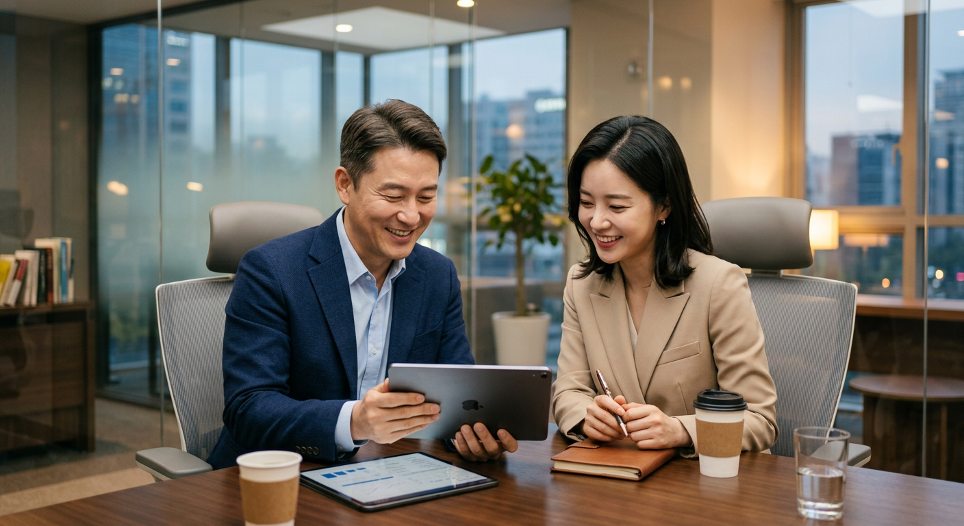 세련된 미팅룸에서 두 명의 비즈니스 파트너가 태블릿을 함께 보며 신뢰감 있게 미소 짓는 모습