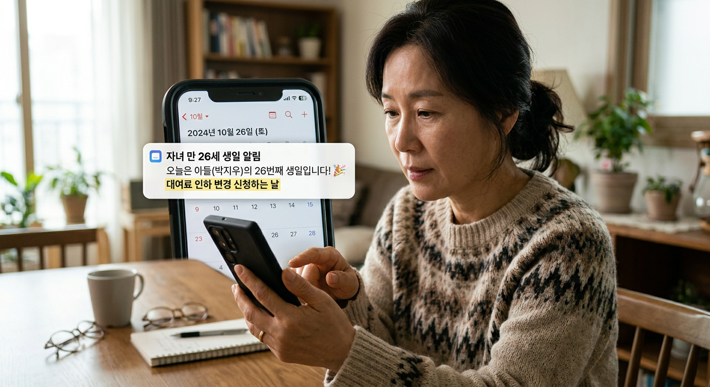 스마트폰 달력 앱에 자녀의 만 26세 생일과 함께 '대여료 인하 변경 신청하는 날'이라는 푸시 알림이 크게 떠 있는 화면