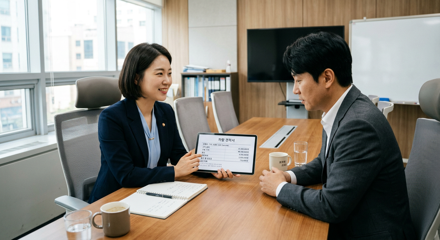 깔끔하게 정돈된 오피스 미팅룸에서 컨설턴트가 고객에게 태블릿으로 차량 견적을 설명하는 장면