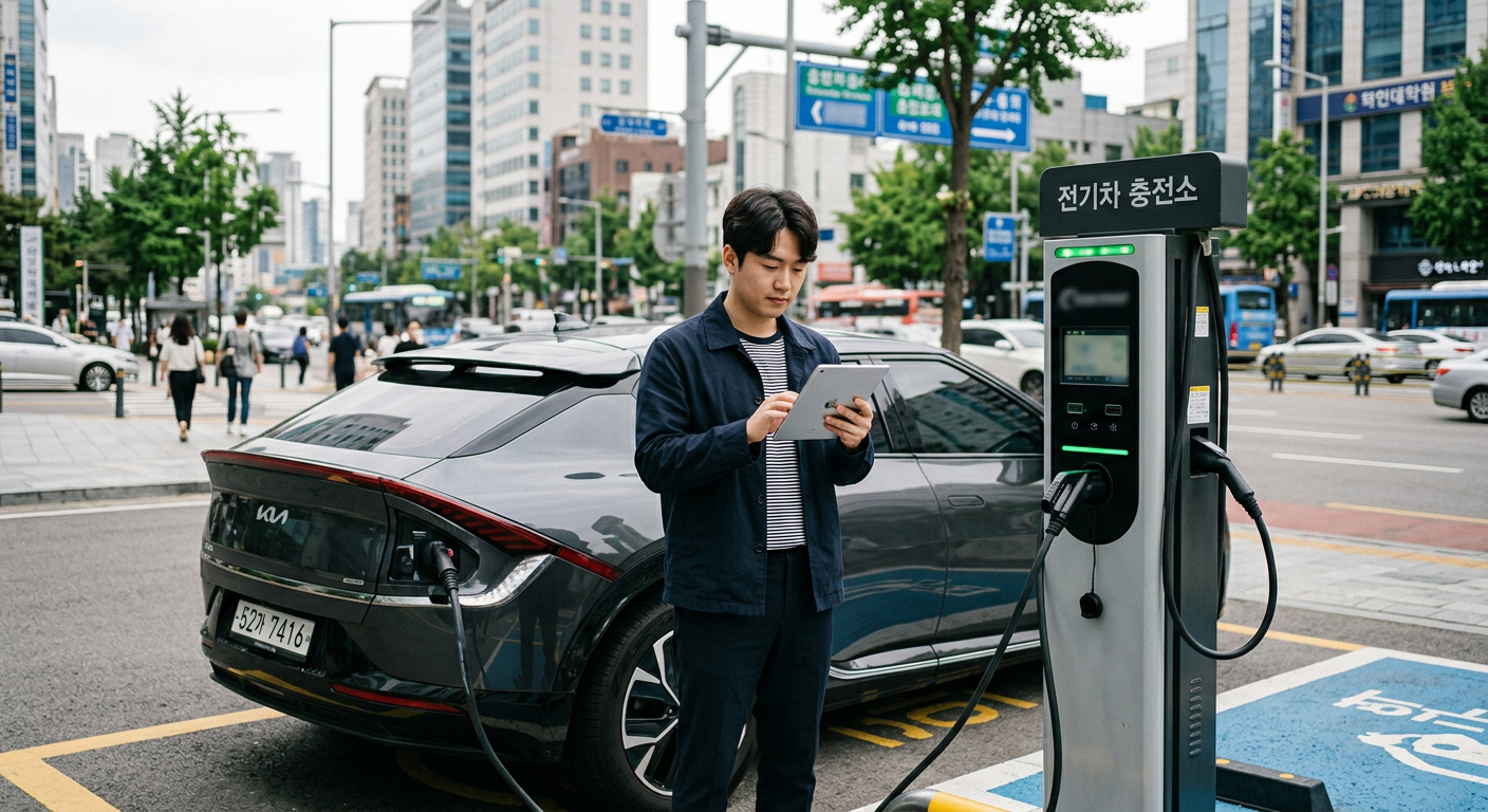 도심 속 전기차 충전소에서 세련된 전기 SUV를 충전하며 태블릿을 확인하는 모습