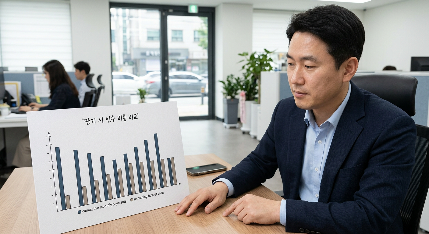 장기렌트 만기 인수 시 월 납입금 누적액과 인수 잔가의 상쇄 관계를 보여주는 비교 그래프