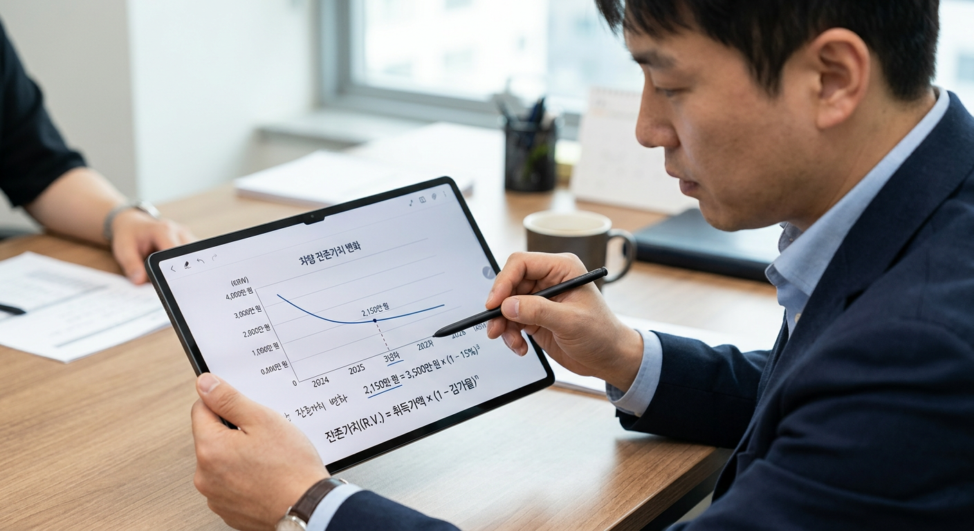 태블릿 PC 화면에 표시된 감가상각 그래프와 차량 잔존가치 계산식을 분석하는 클로즈업 뷰