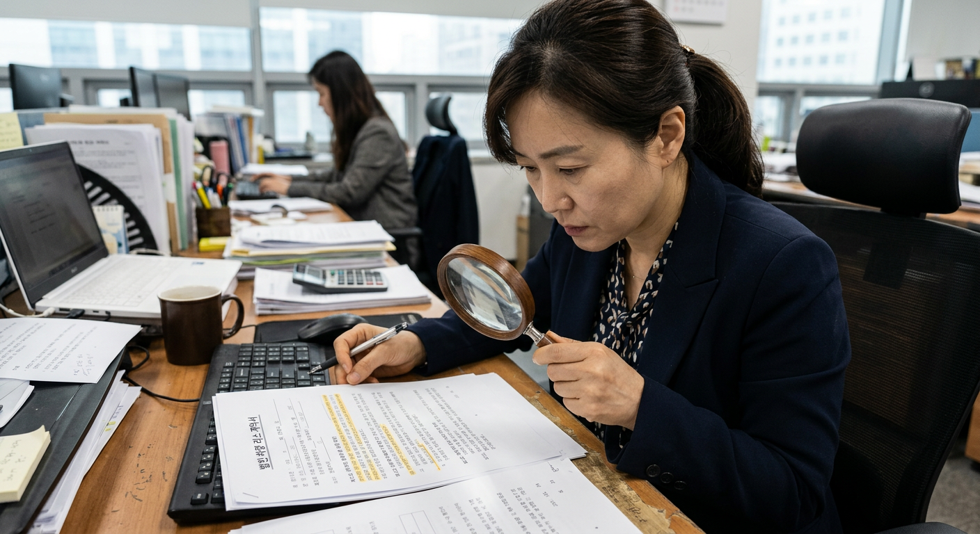 법인 차량 계약서의 중도해지 위약금 및 보험 특약 조항을 돋보기로 꼼꼼하게 살피는 이미지