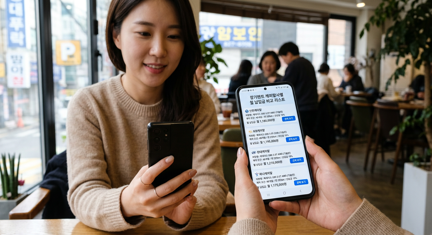 스마트폰 화면에 장기렌트 캐피탈사별 월 납입금 비교 견적 리스트가 깔끔하게 정렬되어 있는 모습, 모바일 UI 강조