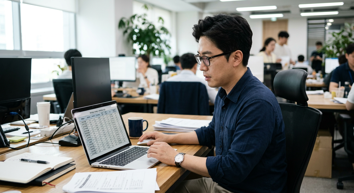 30대 남성 직장인이 노트북 화면을 통해 전국 캐피탈사 견적 비교표를 확인하고 있는 모습