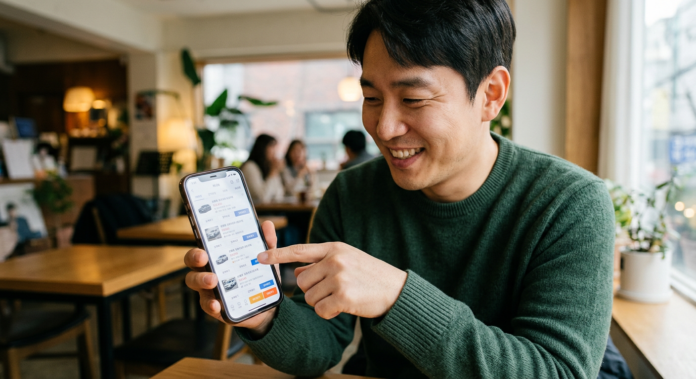 스마트폰 화면에 '차나와' 비교견적 플랫폼의 쏘렌토 실시간 견적 리스트가 표시되어 있고, 이를 한 사용자가 손가락으로 가리키며 밝게 웃고 있는 장면