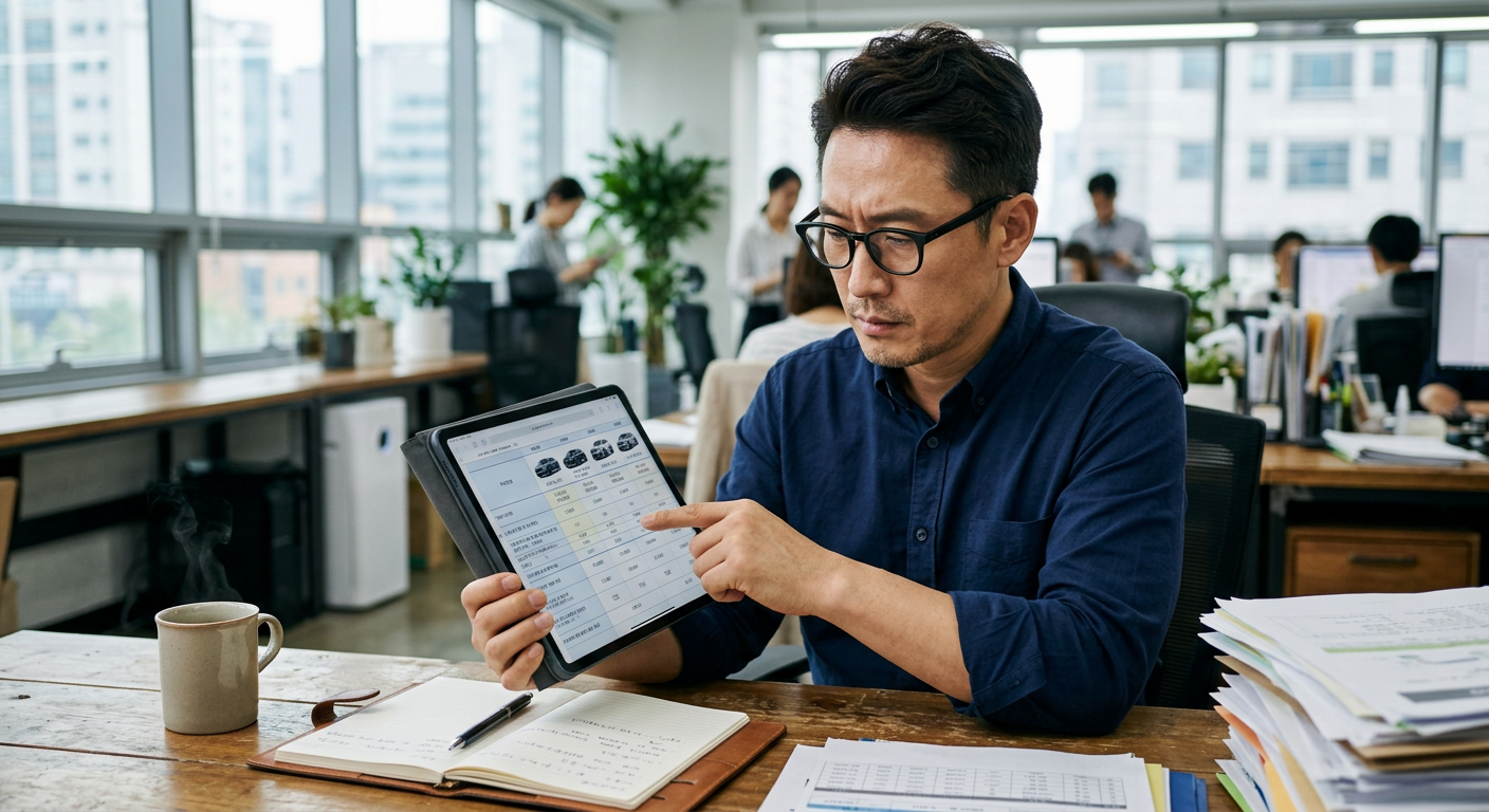 40대 남성 직장인이 태블릿 PC로 자동차 견적서를 꼼꼼히 대조하는 모습