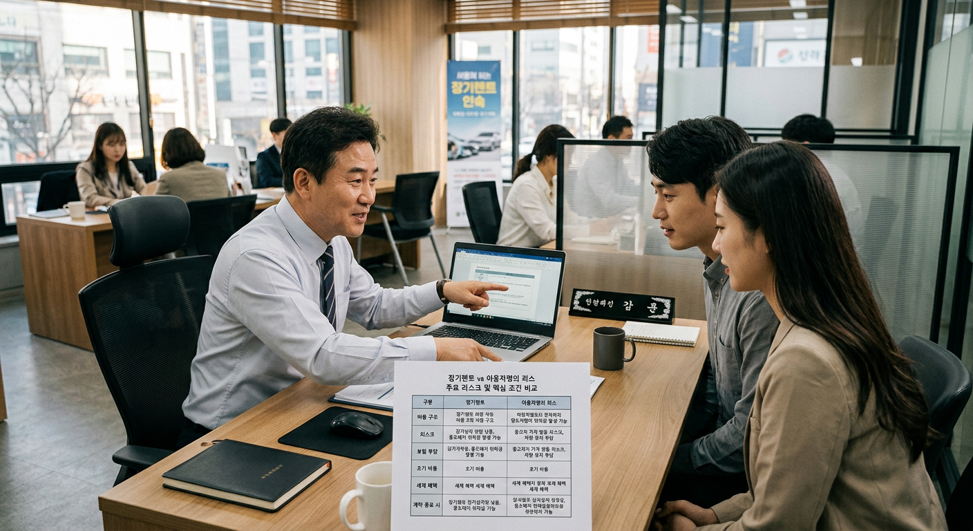 장기렌트와 이용자명의 리스 주요 리스크 및 핵심 조건 비교표