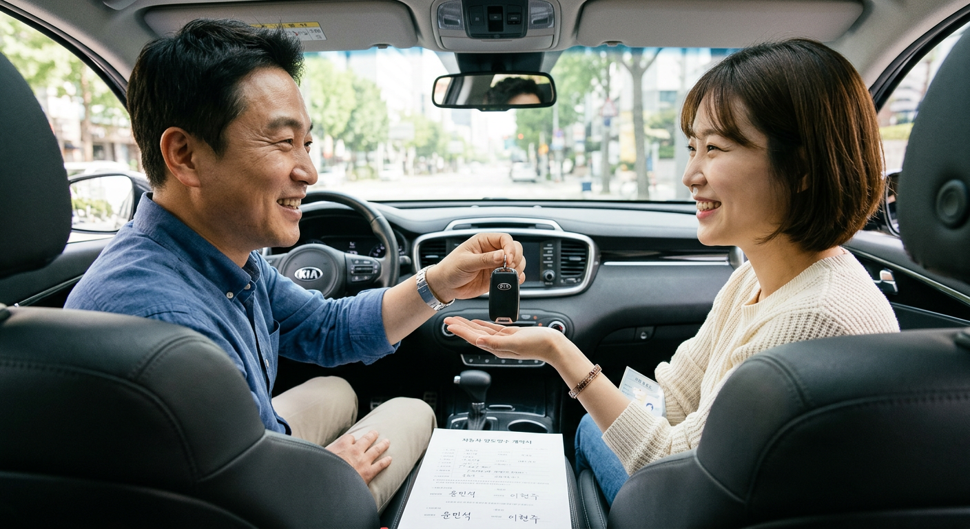 두 명의 운전자가 미소를 지으며 차량 스마트키를 건네주고 받는 손길, 양도양수 계약의 긍정적인 순간