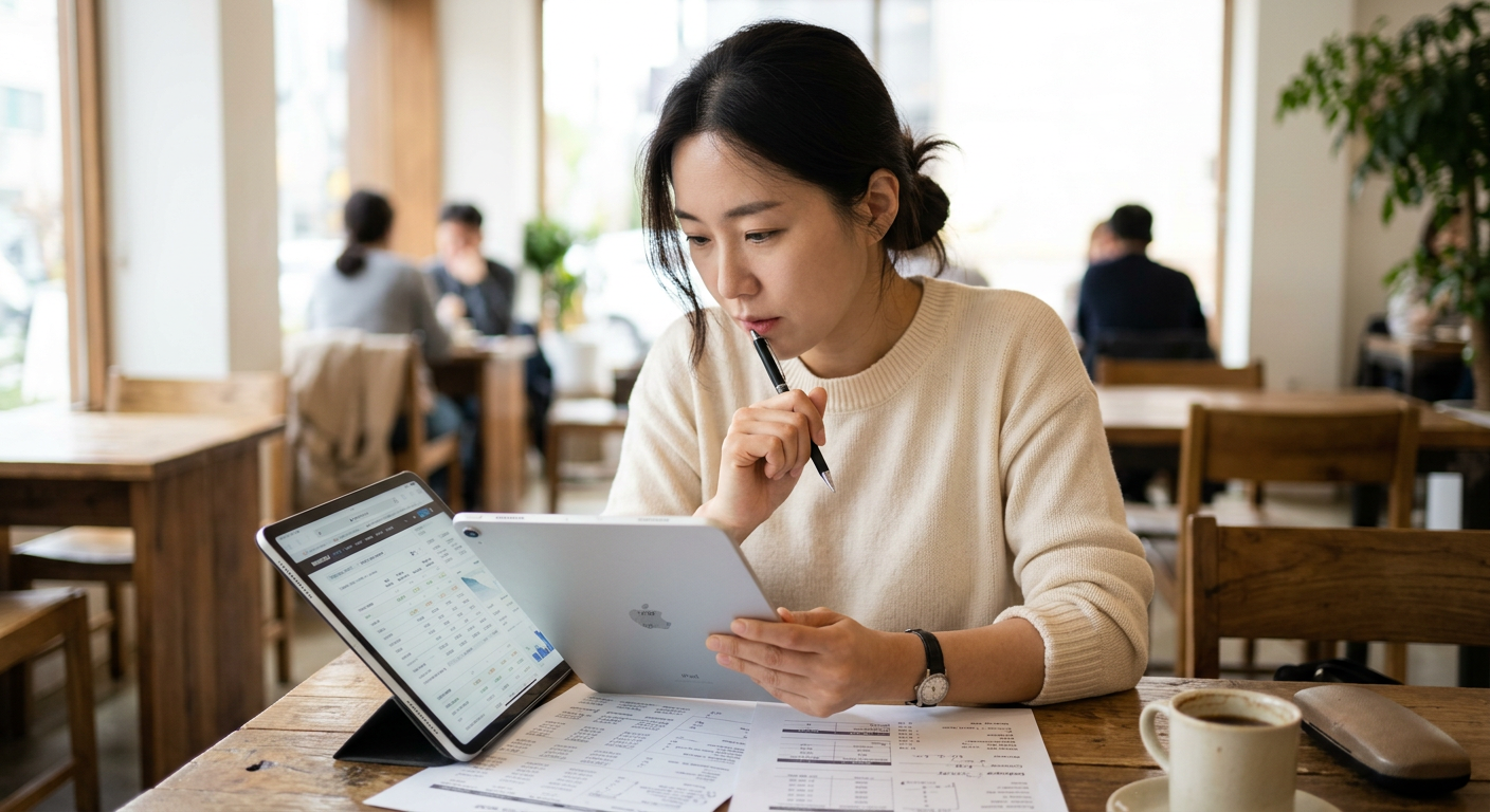 태블릿 PC 화면을 보며 장기렌트 조건표와 주행거리를 꼼꼼하게 비교하는 예비 오너의 모습