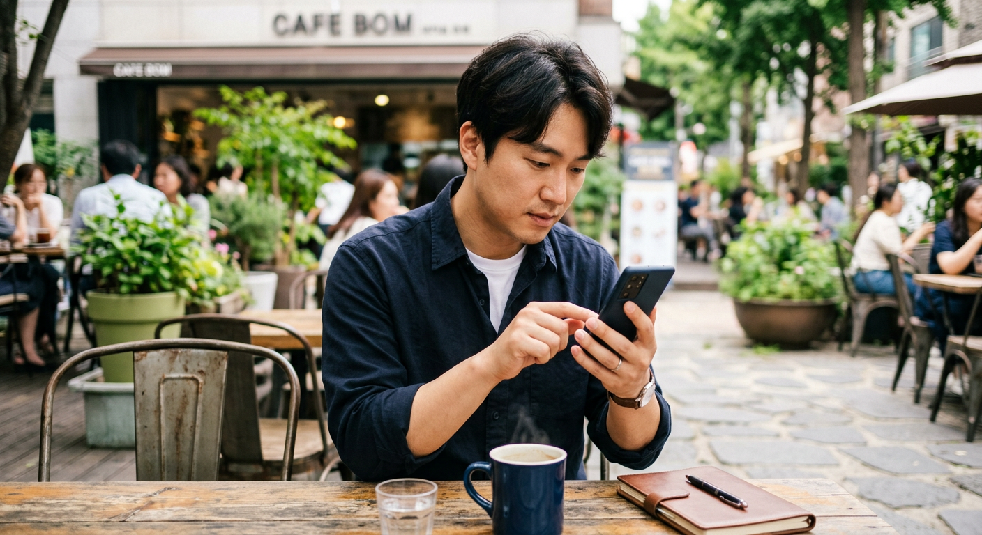 카페 야외 테이블에서 30대 남성이 안락하게 스마트폰 화면에 뜬 여러 캐피탈사의 비교 수치와 모바일 견적서를 검토하는 장면