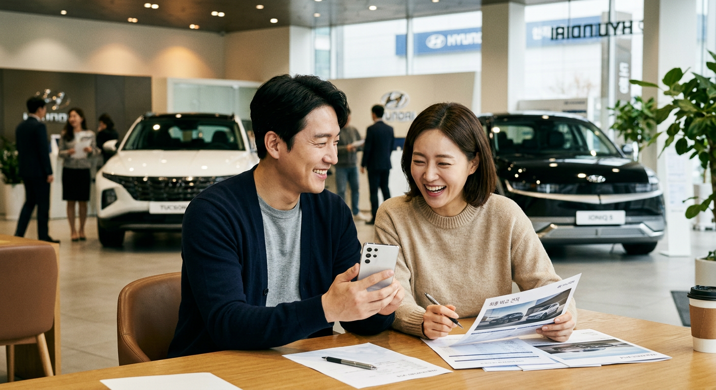 차나와 앱으로 최종 비교 견적을 꼼꼼하게 검토한 후 미소를 짓는 예비 오너 부부