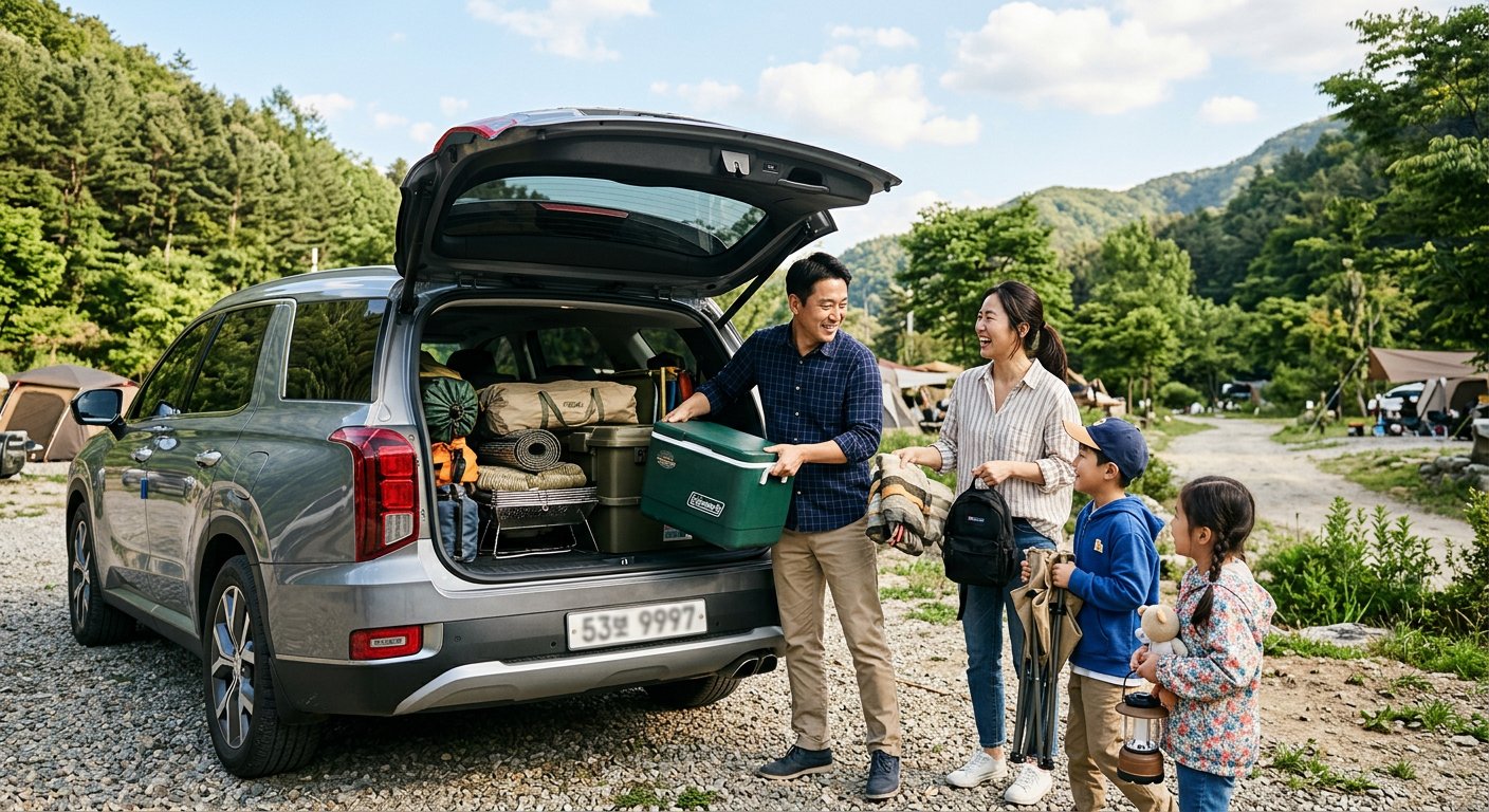 가족 단위 사용자가 대형 SUV 트렁크에 캠핑 장비를 싣고 떠나는 밝은 분위기의 아웃도어 장면