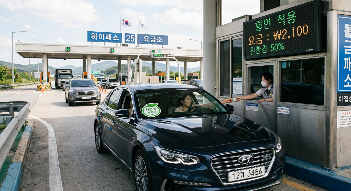 고속도로 톨게이트와 공영주차장에서 하이브리드 친환경 스티커 덕분에 50% 요금 할인을 적용받는 차량의 모습