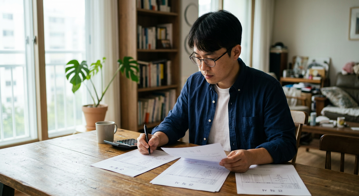 깔끔하고 투명하게 견적서를 검토하고 있는 합리적인 30대 남성 소비자의 모습