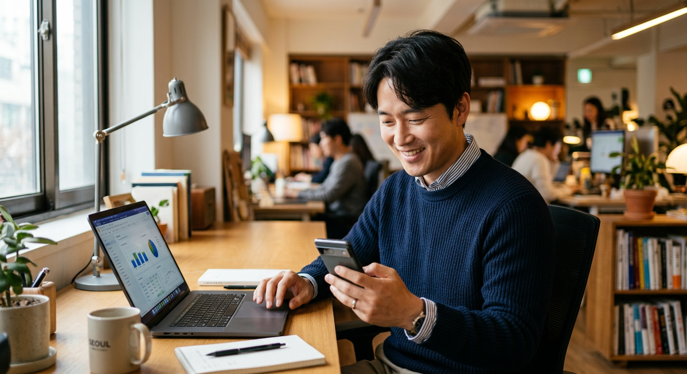 30대 직장인이 아늑한 사무실에서 노트북과 스마트폰 화면을 교차로 확인하며 미소 짓는 모습, 신뢰감 있고 따뜻한 분위기