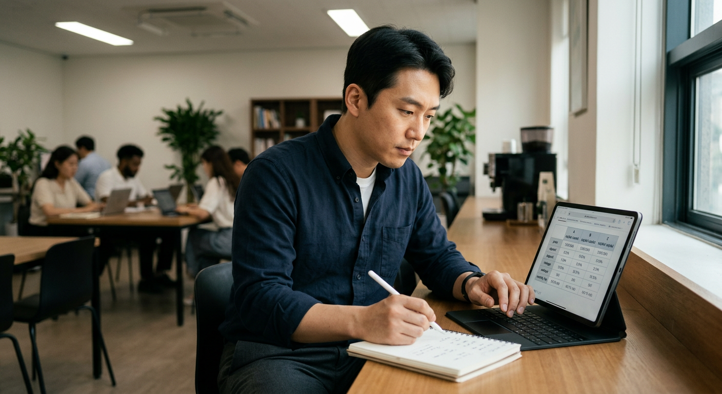 직장인이 태블릿 PC를 활용하여 다수의 캐피탈사별 장기렌트 견적을 꼼꼼하게 대조하는 모습