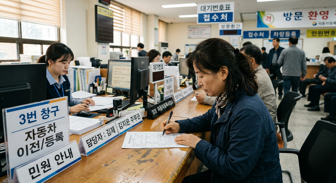 구청 차량등록사업소 창구에서 민원인이 자동차 이전등록 신청 서류를 작성하고 있는 모습