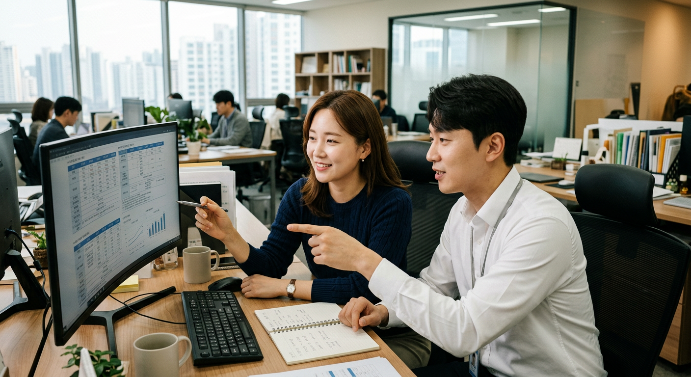 직장인 여성과 남성이 사무실 모니터를 함께 바라보며 다양한 자동차 금융 상품의 견적 항목을 편안하게 비교 분석하는 모습