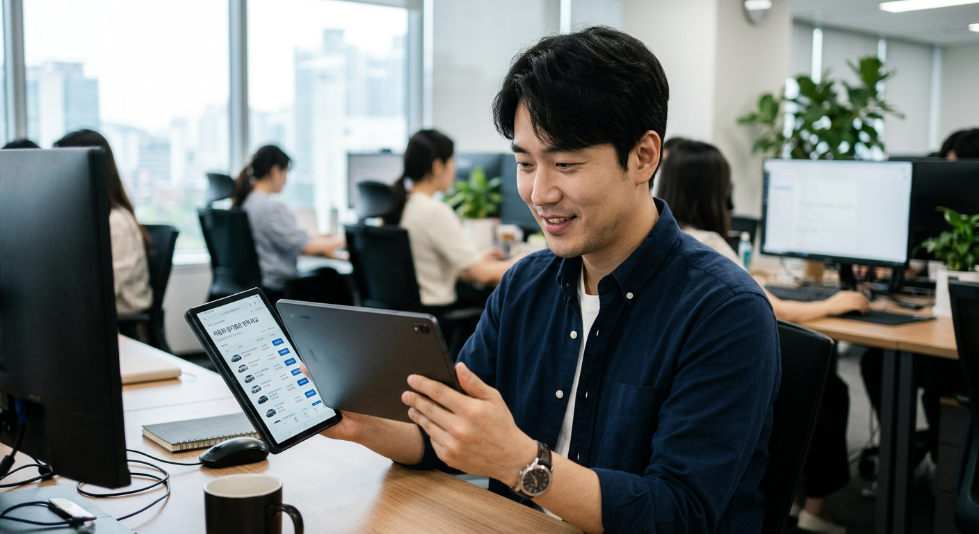 30대 직장인 남성이 태블릿 PC로 자동차 장기렌트 견적을 실시간으로 비교하고 있는 상반신 샷