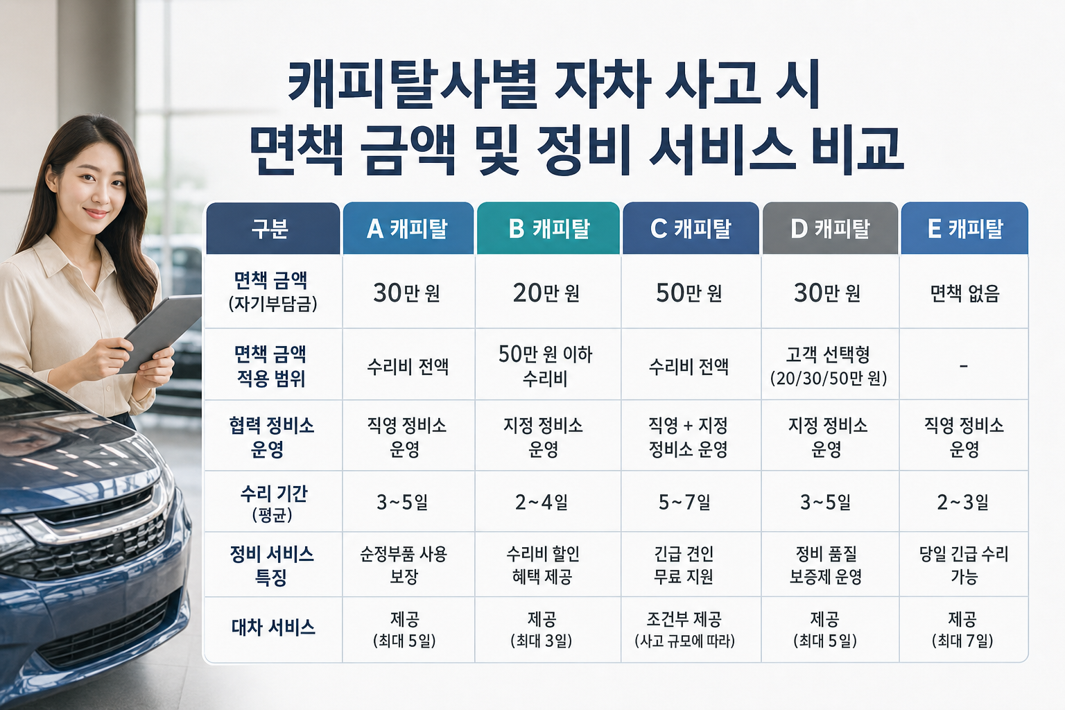 캐피탈사별 자차 사고 시 면책 금액 및 정비 서비스 비교 인포그래픽