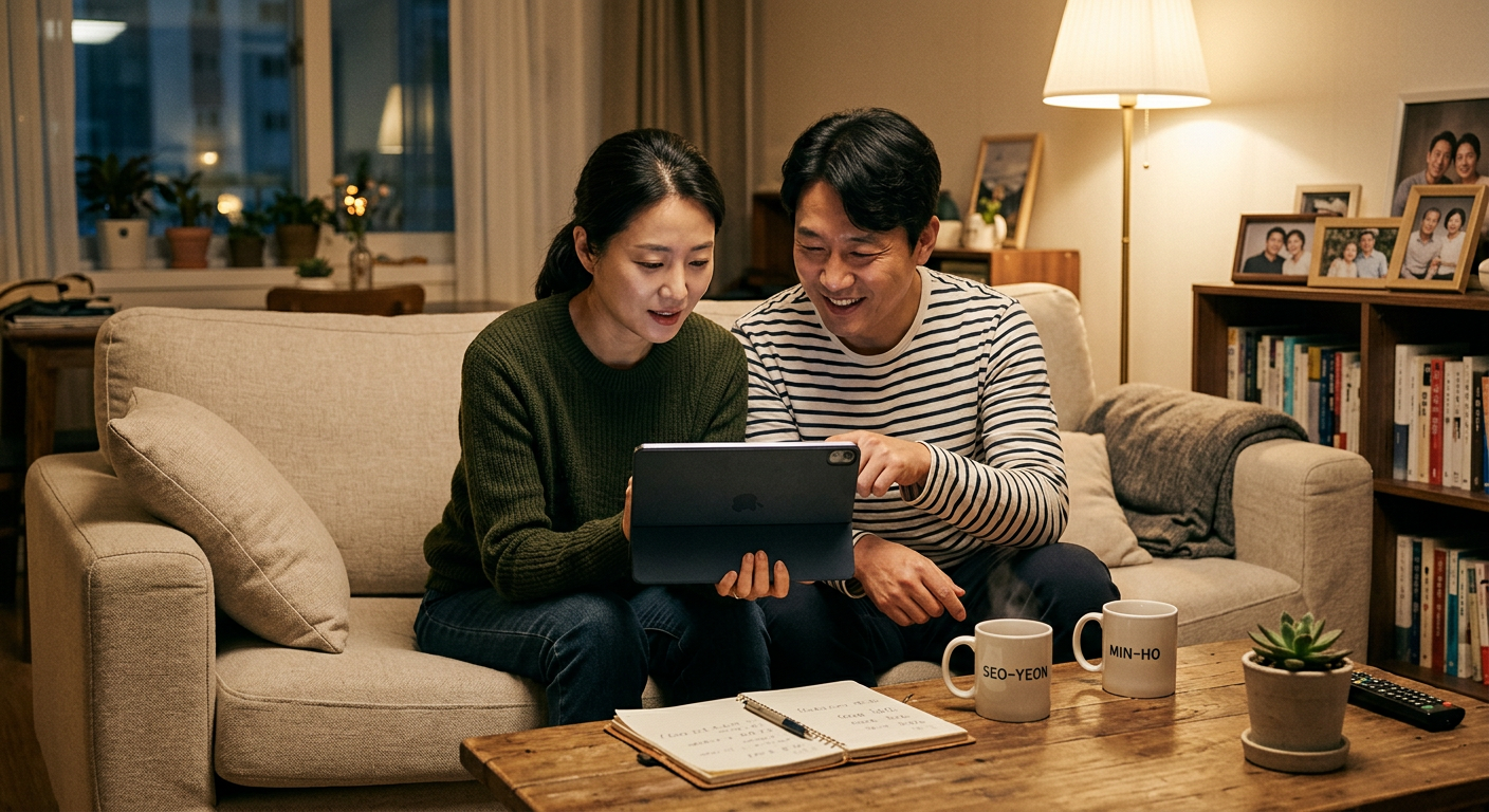 아늑한 거실에서 태블릿 PC를 보며 자산 상황에 맞는 금융 계획을 세우고 있는 부부의 모습