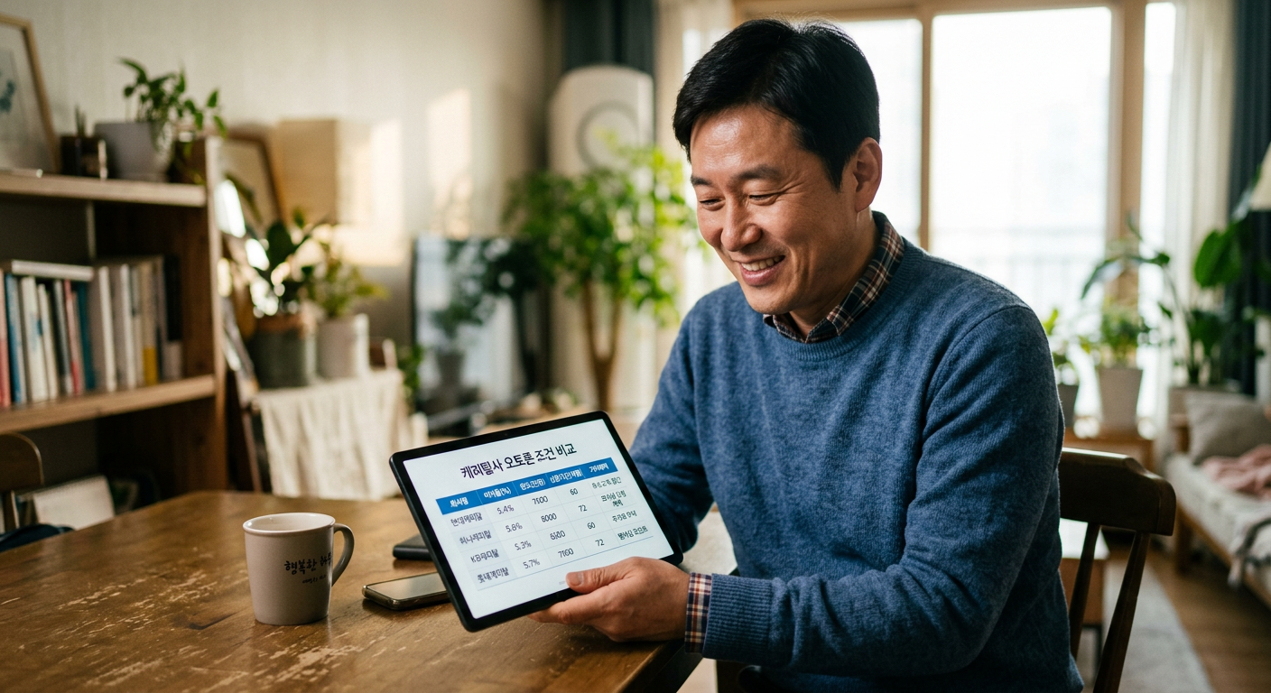 태블릿 PC로 캐피탈사 조건 비교 화면을 보며 미소 짓는 40대 남성