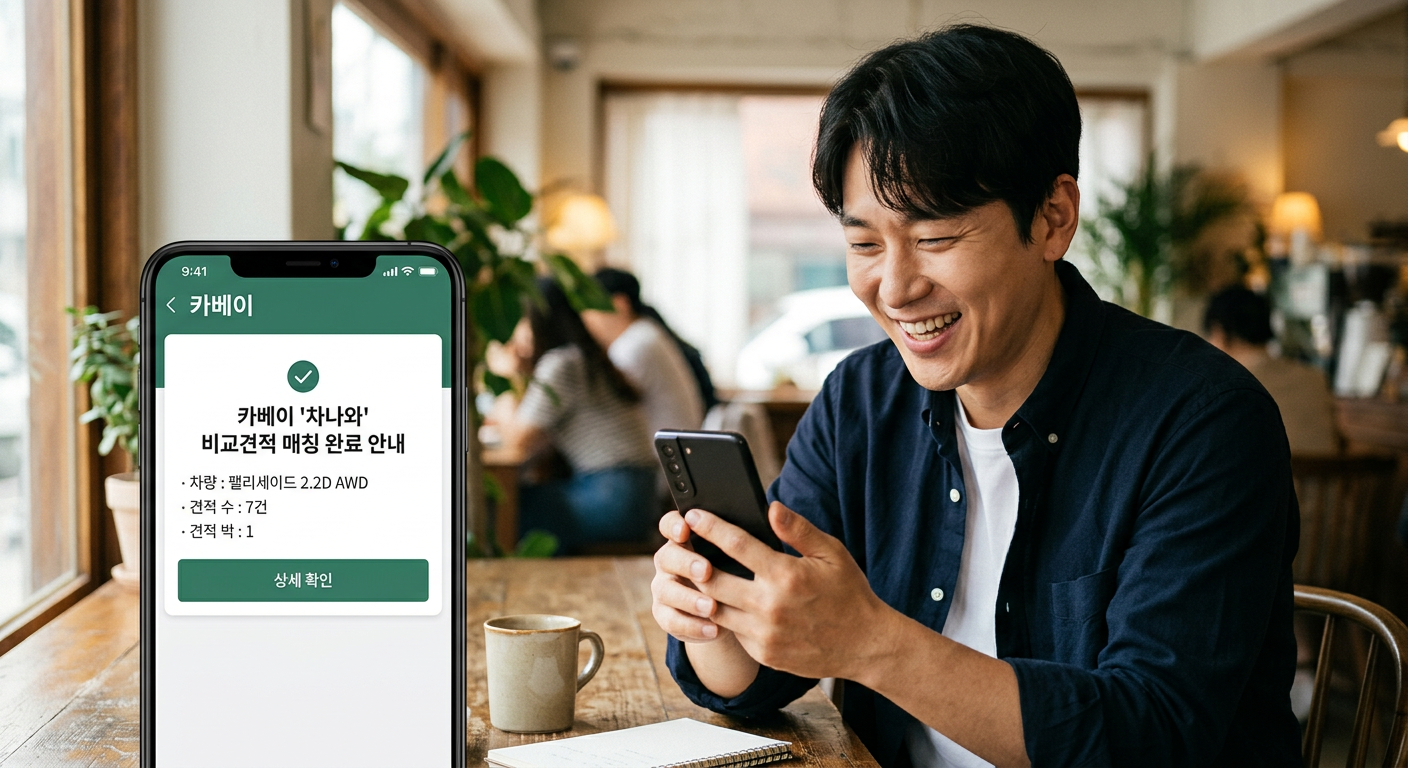 스마트폰 화면에 카베이 '차나와' 비교견적 매칭 완료 안내가 떠 있고, 이를 보고 미소 짓는 남성의 모습