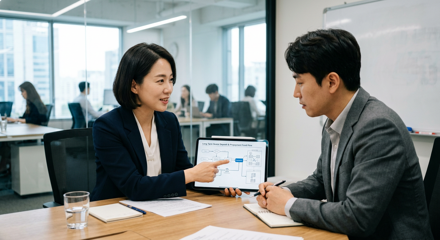 태블릿 PC화면 속 장기렌트 보증금과 선납금의 자금 흐름도를 손가락으로 가리키며 동료에게 설명하는 비즈니스 미팅 장면