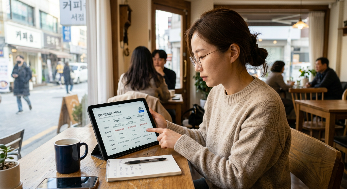 태블릿 PC로 여러 장기렌트사 견적을 실시간으로 꼼꼼히 대조하는 스마트한 소비자의 모습