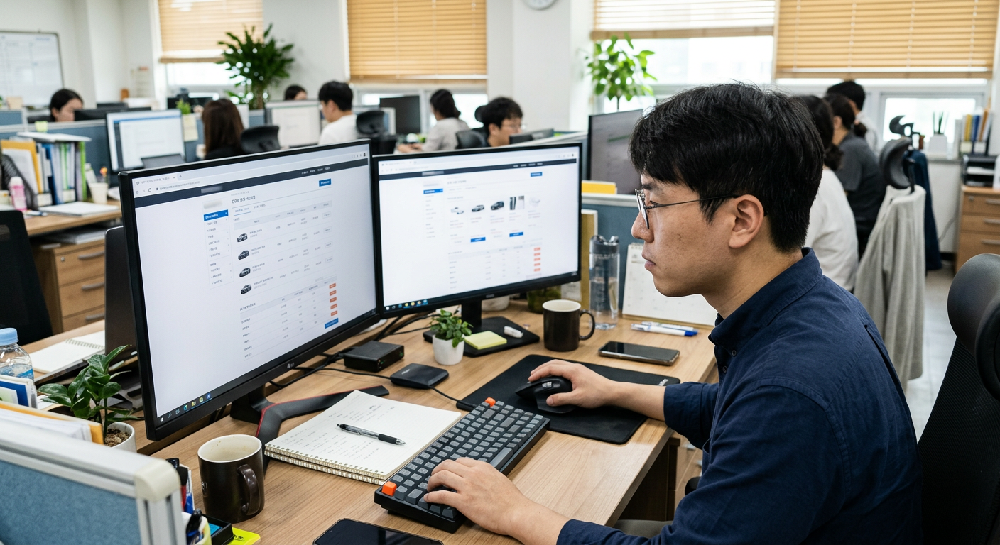 노트북 화면에 표시된 차나와 견적 매칭 웹페이지와 사용자가 견적서를 비교 분석하는 업무 환경 데스크톱 레이아웃