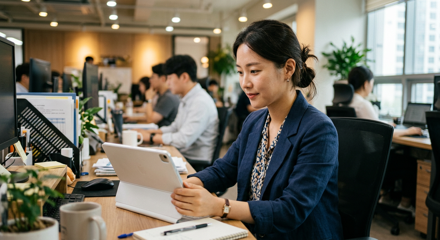 한 직장인이 태블릿 PC 화면을 보며 최적의 자동차 조건 비교 데이터를 확인하고 있는 연출 사진
