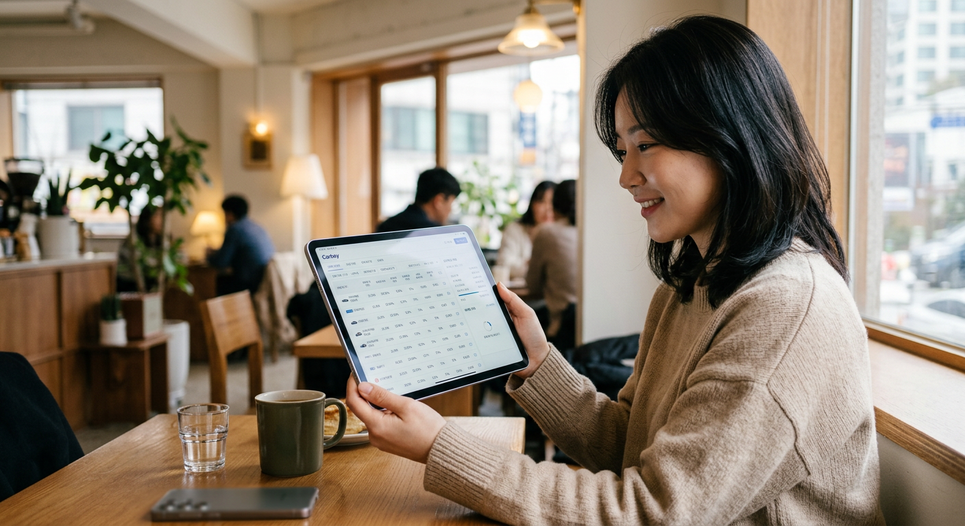 태블릿 PC 화면에 카베이 비교견적 플랫폼의 실시간 캐피탈사별 금리 및 견적 대기 화면이 표시된 모습
