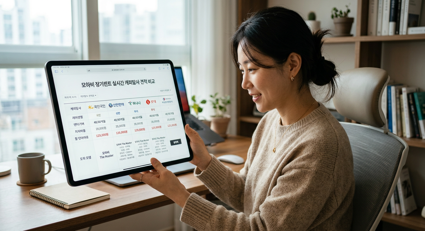 태블릿 화면에 표시된 모하비 장기렌트 실시간 캐피탈사 견적 비교 화면