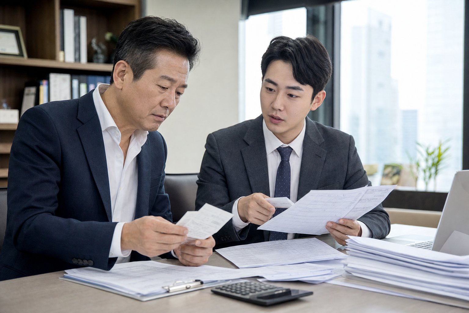 사무실에서 법인 대표와 세무 대리인이 업무용 차량 비용 영수증과 세금 신고 서류를 대조해 보는 장면