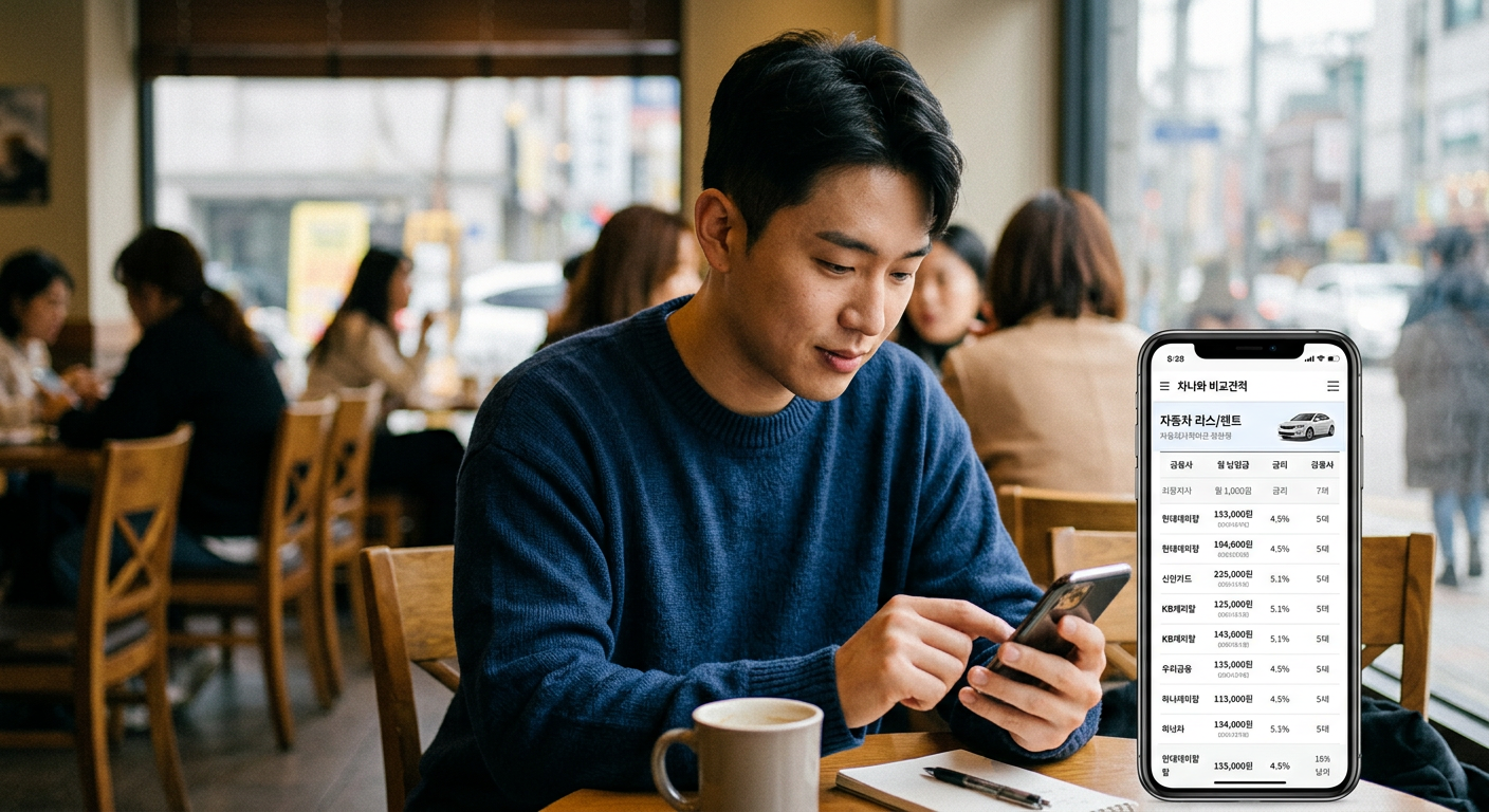 카페에서 한 남성이 스마트폰으로 '차나와' 비교견적 플랫폼 서비스를 실행해 여러 캐피탈사의 조건을 대조하는 모습
