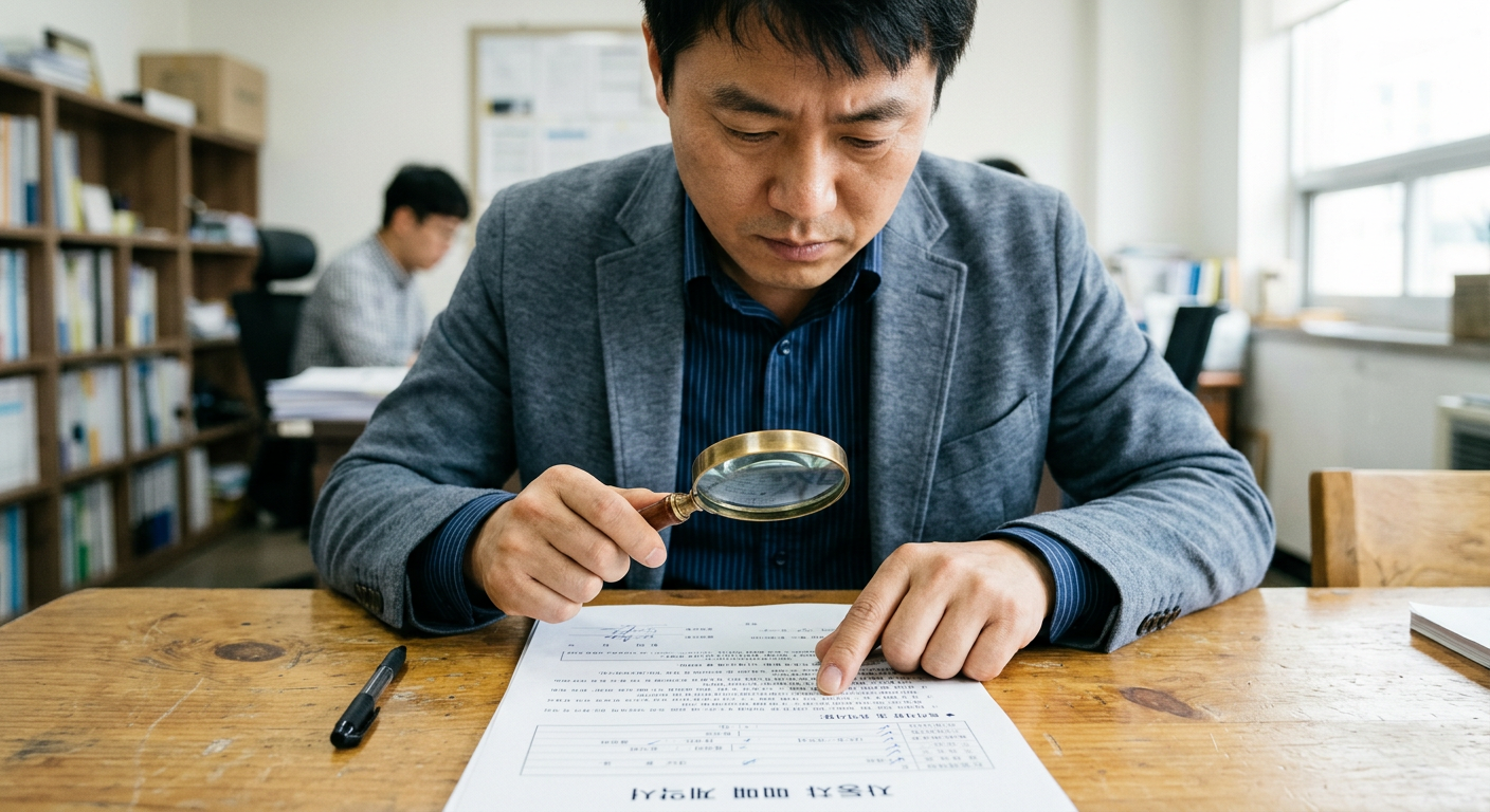 자동차 계약서 위 단점 점검 리스크 체크리스트 항목을 돋보기로 꼼꼼히 들여다보며 손으로 짚고 있는 모습