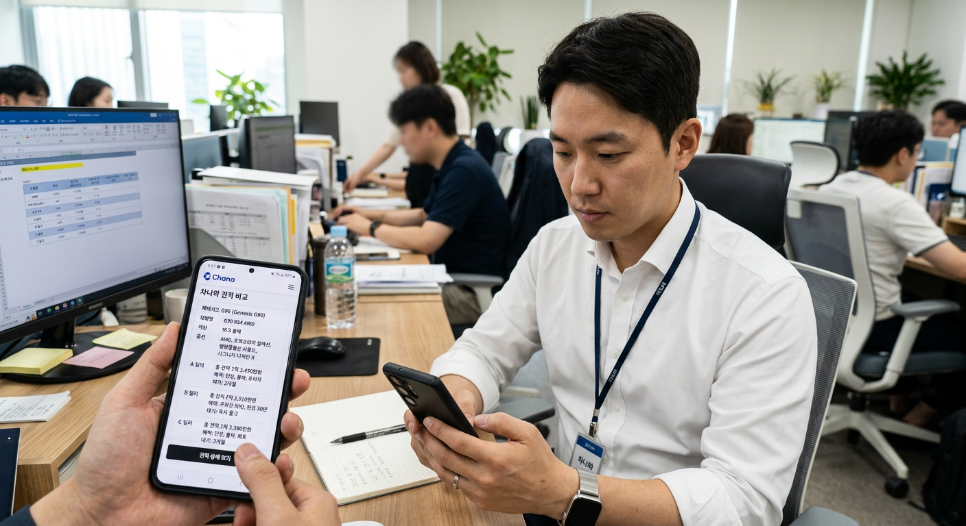 모바일 기기에 탑재된 차나와 앱의 맞춤형 제네시스 G90 견적 비교표를 정독하는 남성 직장인의 모습