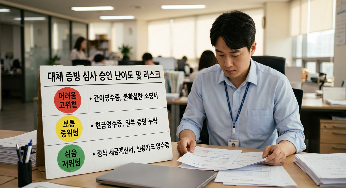 대체 증빙 종류별 심사 승인 난이도와 리스크 수준을 한눈에 보여주는 신호등 형태의 비교 다이어그램