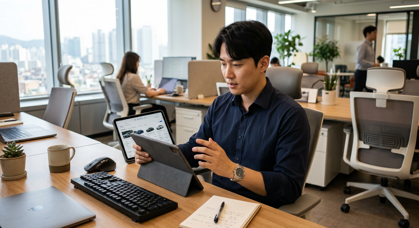30대 직장인이 태블릿 PC를 활용해 자동차 견적을 비교하고 있는 깔끔한 사무실 전경