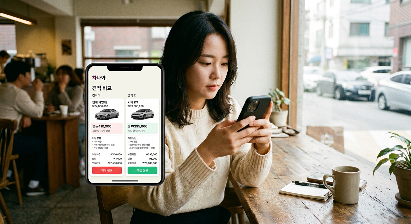 스마트폰 화면에 구현된 차나와 앱의 간결한 견적 비교 매칭 화면 예시