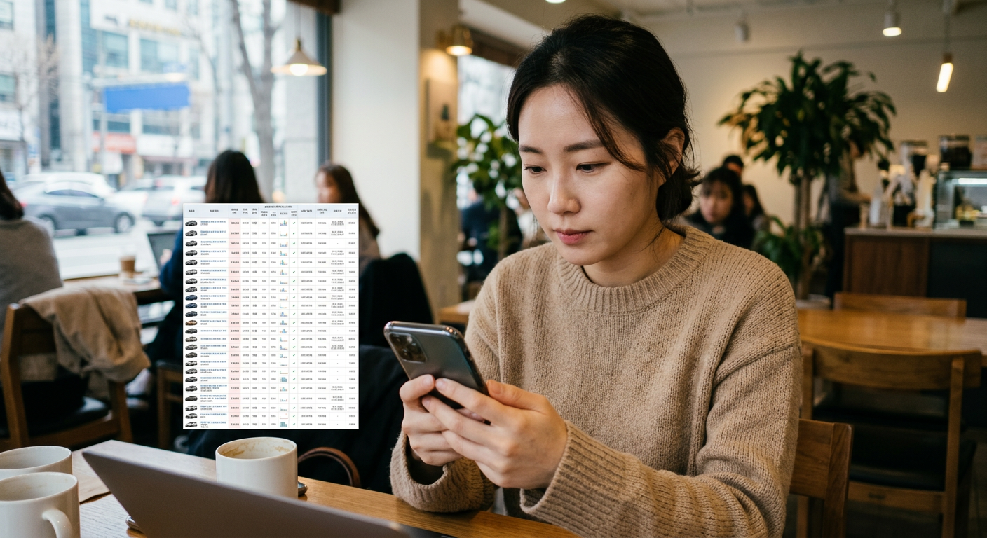 스마트폰 화면에 30개 캐피탈사의 조건별 장기렌트 견적이 투명하게 비교되어 나오는 장면