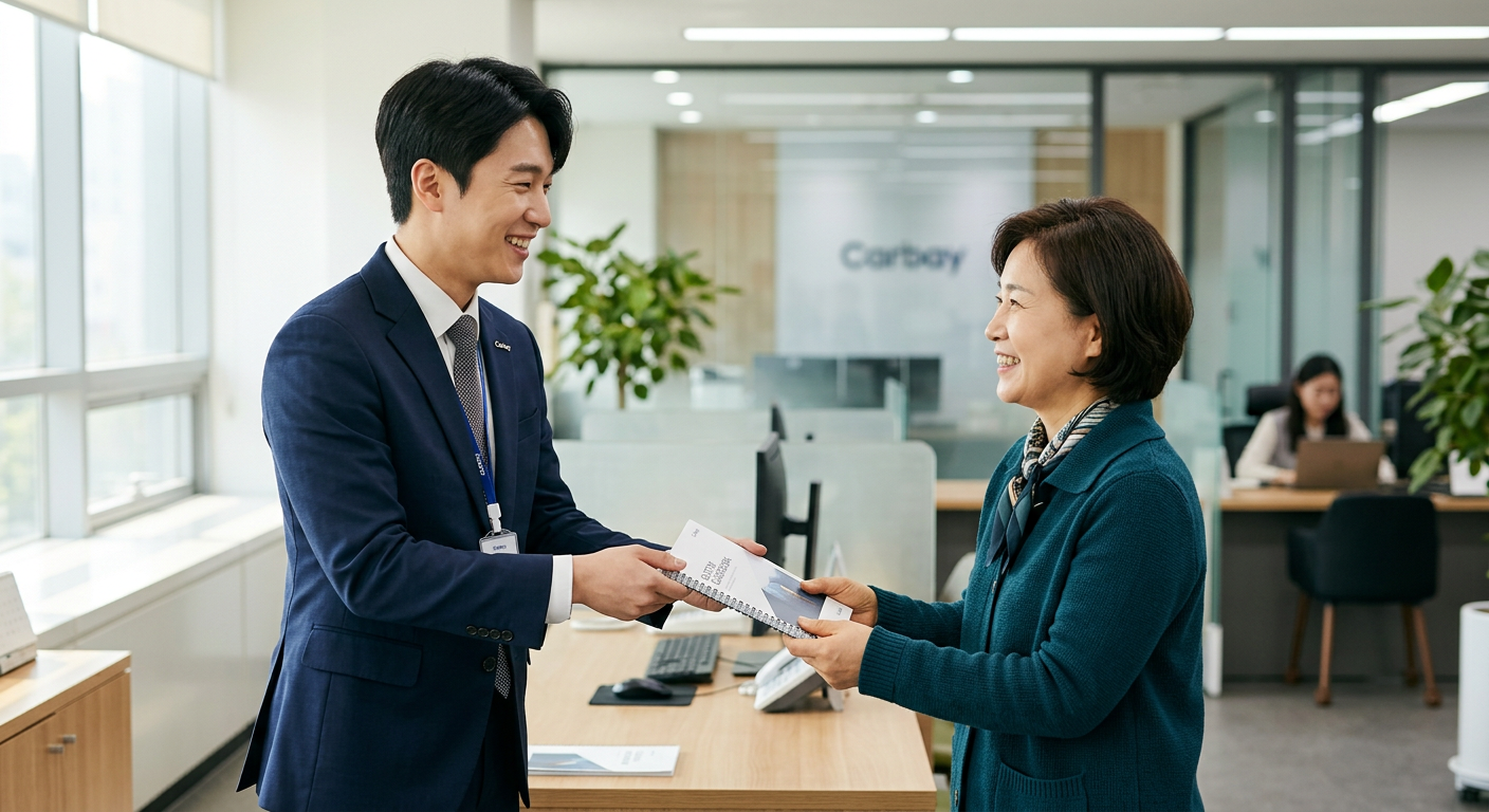 깔끔한 정장을 입은 카베이 상담원이 밝은 미소로 고객 맞춤 가이드북을 전달하며 인사하는 모습