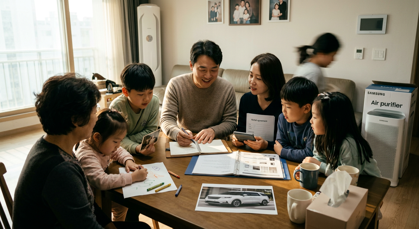 다자녀 가구 기아 카니발 장기렌트 이용 시 가전 요율 및 가계 고정비 절감 프로세스 요약표