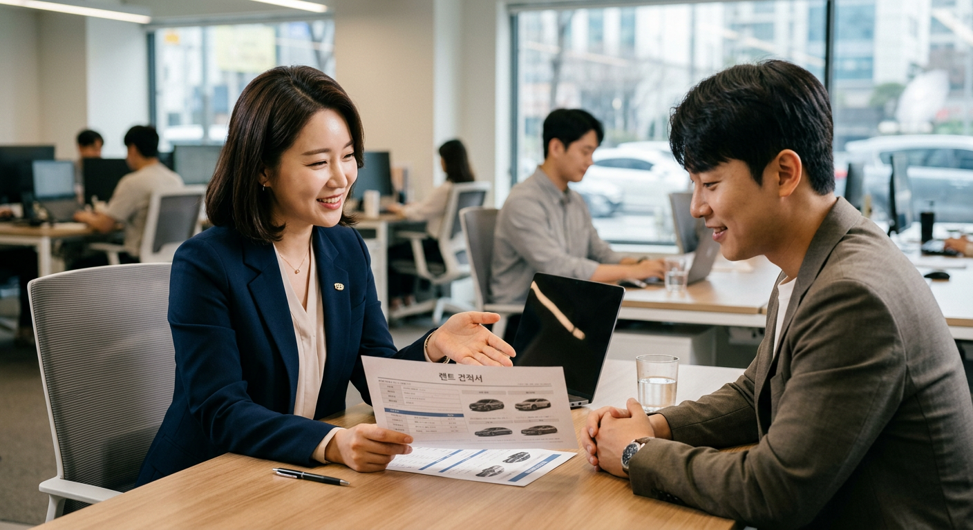 카베이 전문 상담원이 고객에게 맞춤형 렌트 견적서를 친절하게 설명하는 프로페셔널한 미팅 모습