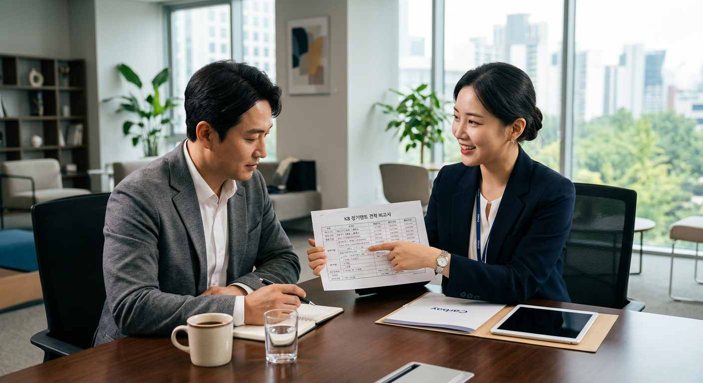 쾌적한 비즈니스 미팅룸에서 카베이 카매니저가 고객에게 K8 장기렌트 견적 비교서를 보여주며 설명하는 장면