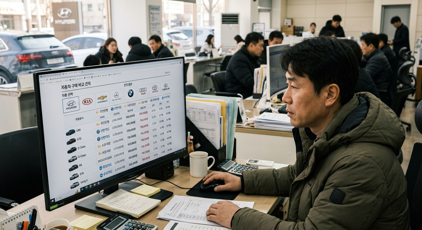 다양한 자동차 브랜드의 엠블럼과 여러 금융사 로고가 배치된 비교 견적 모니터 화면